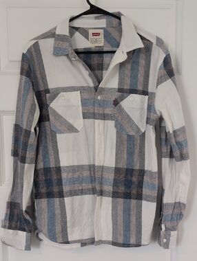 Levi's White Plaid Shirt with Blue & Gray Stripes